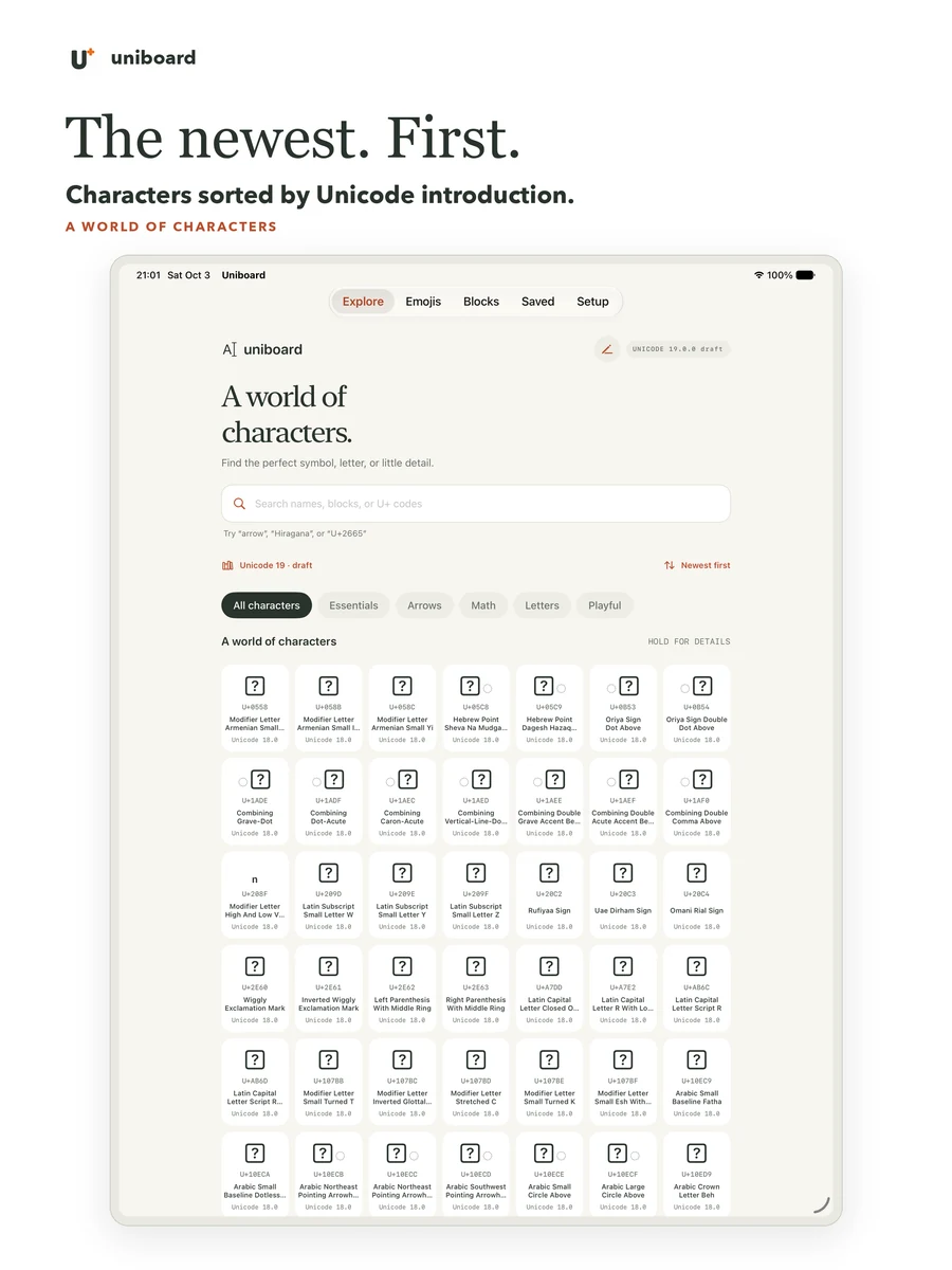 Uniboard Explore screen on iPad with Unicode character names and a wide symbol grid