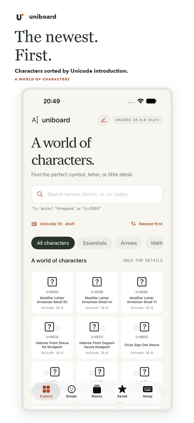 Uniboard Explore screen on iPhone with Unicode character search and a symbol grid