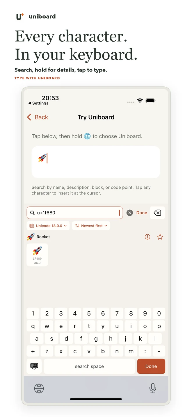 Uniboard keyboard searching U+1F680, with the selected rocket inserted into a text field
